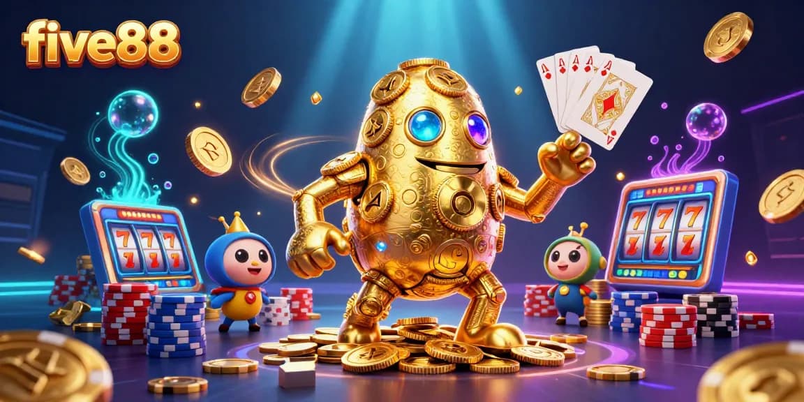 Experience thrilling gaming with five88's dynamic casino scene, showcasing gold coins and slot machine symbols.