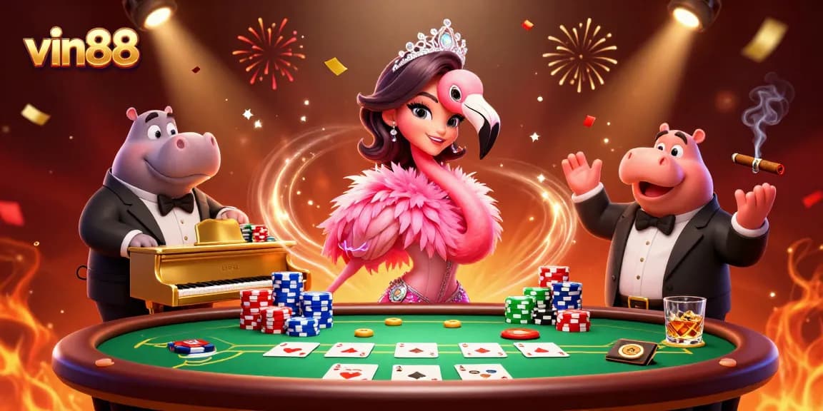 Experience exciting casino action with vin88 at a vibrant scene filled with poker games.