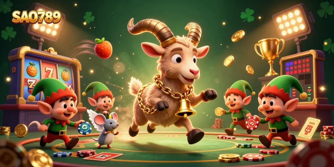 SAO789 features a whimsical 3D casino scene with Krampus, angel mouse, and gremlins engaging in festive mischief.