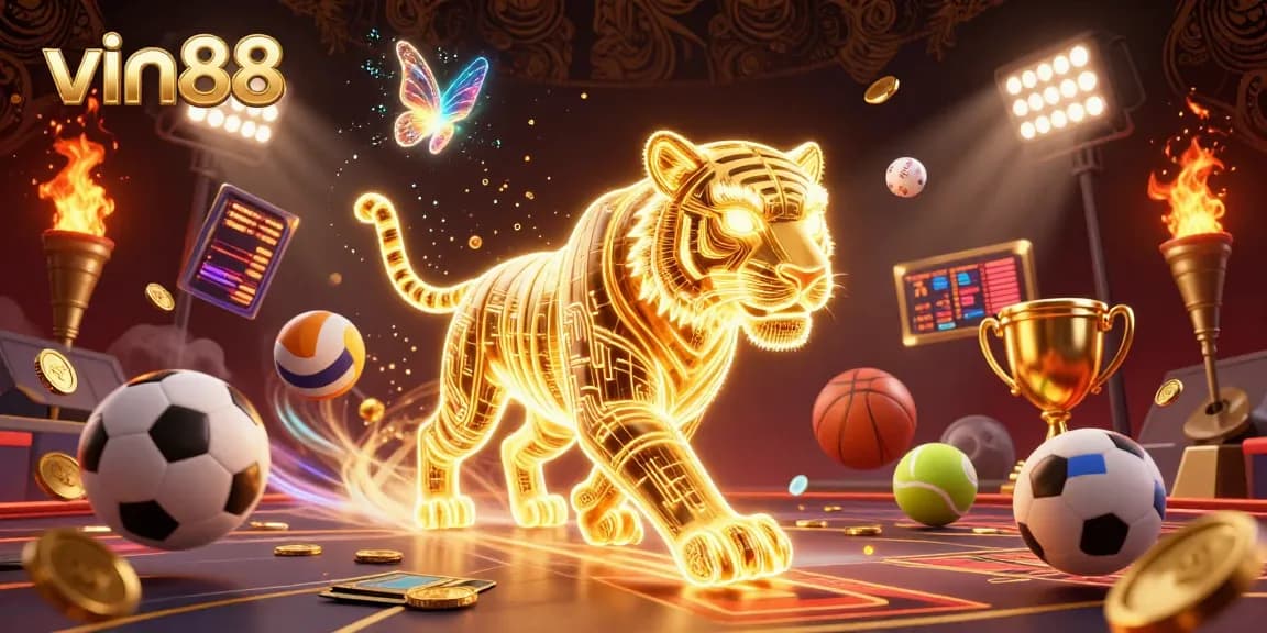 Engage with vin88's vibrant digital casino landscape, featuring a glowing golden tiger and dynamic sports elements.