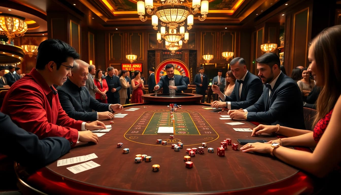 Players engaging in da88 tài xỉu at a luxury casino table, surrounded by vibrant chips and dice.