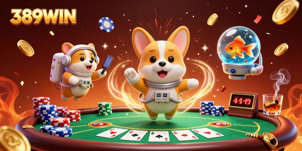 389WIN captures exciting casino action with a cartoon astronaut corgi in a vibrant space casino.