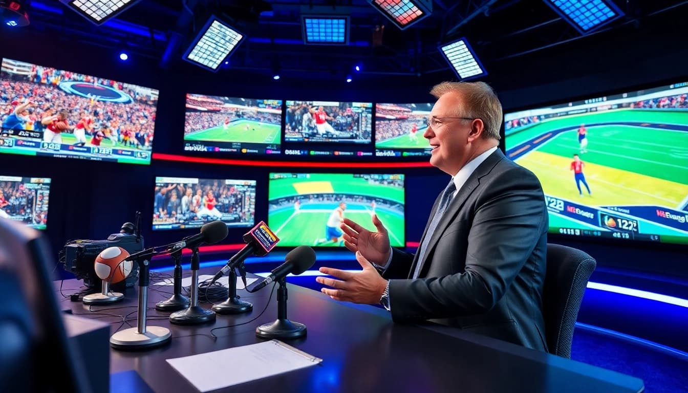 Engaging professional in sports broadcasting studio discussing live highlights.