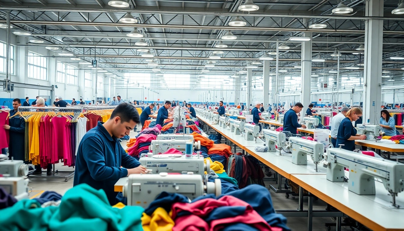 Clothing Manufacturers in China working collaboratively in a vibrant factory setting.