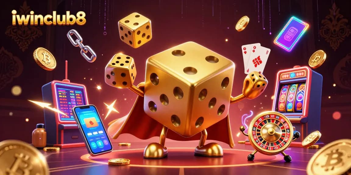 Join the fun at iwinclub8 with dynamic casino action featuring golden dice, Bitcoin, and slot machines.