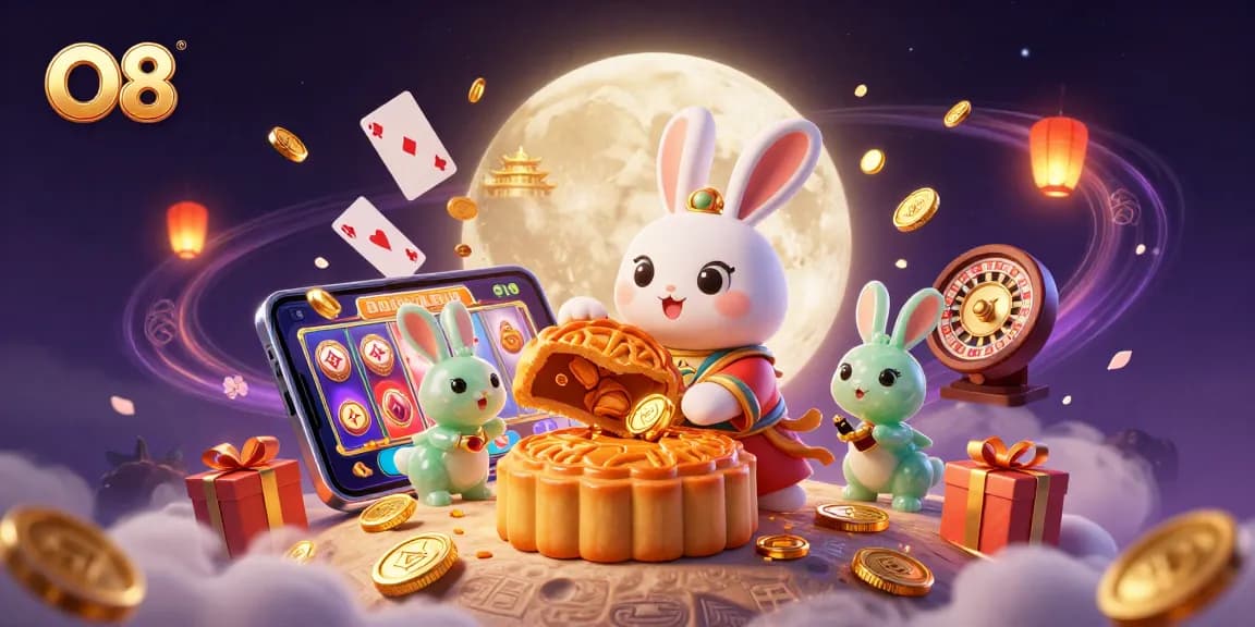 Join the O8 moon rabbit as it plays with poker chips and celebrates with casino rewards.