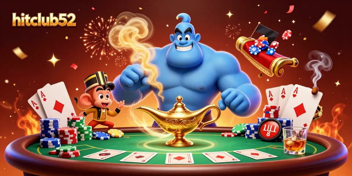 Engage in exciting gameplay at hitclub52 with animated poker action featuring a magical genie.
