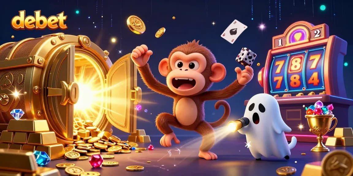 Explore debet's vibrant casino scene with a playful ghost and treasure amid colorful gaming elements.