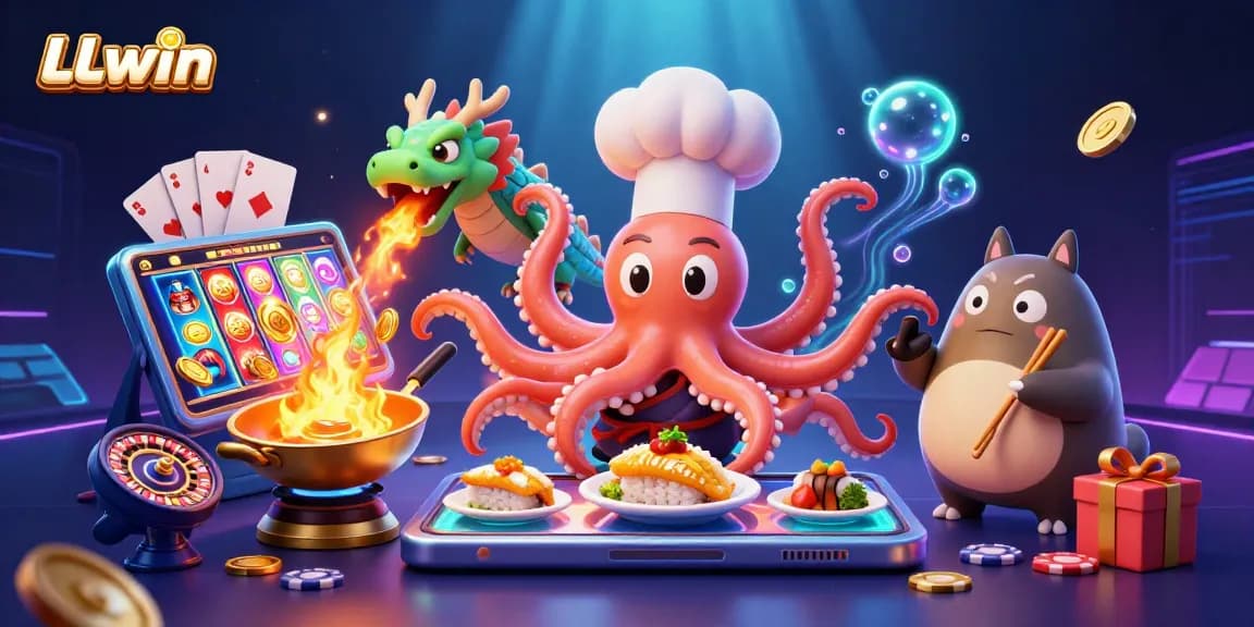 LLwin offers a vibrant casino scene with octopus chef and dragon amidst winning slot actions.
