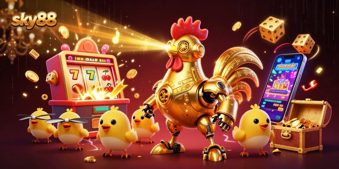 Experience thrilling gameplay with sky88's dynamic 3D scene of a retro-futuristic casino adventure.