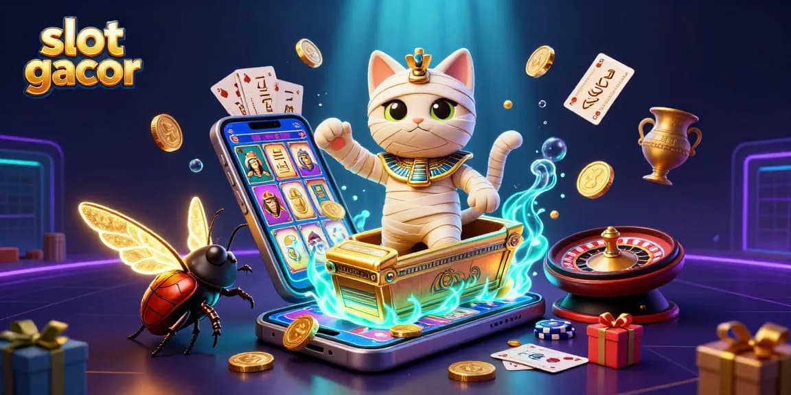 Experience the vibrant action in slot gacor with a mummy cat and scarab beetle in a radiant casino setting.