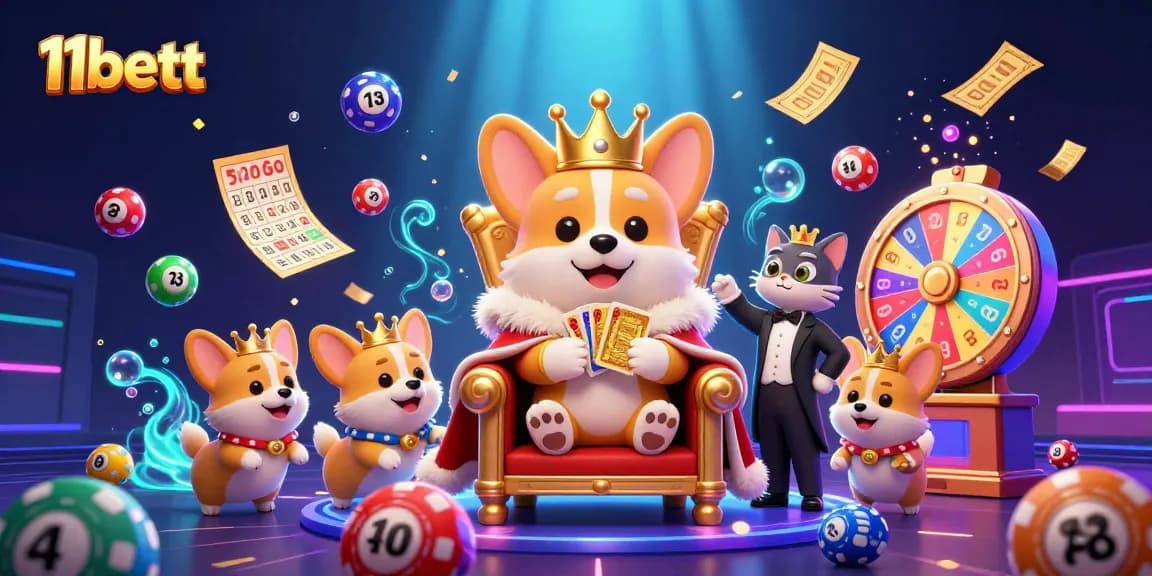 11bett features a royal corgi on a poker chip throne presenting excitement in a vibrant lottery scene.