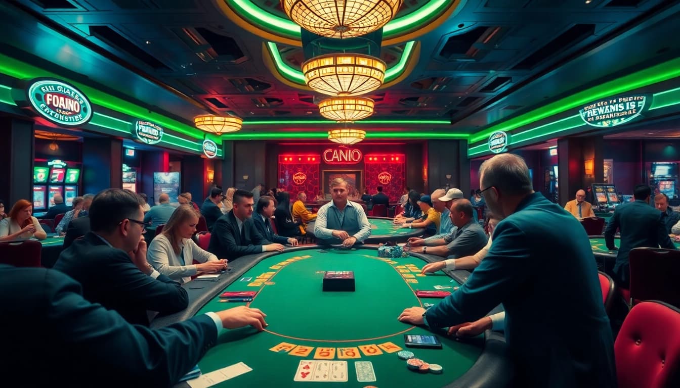 Menangkan pgbet link di meja poker yang ramai dengan pemain dan cahaya neon yang cerah.