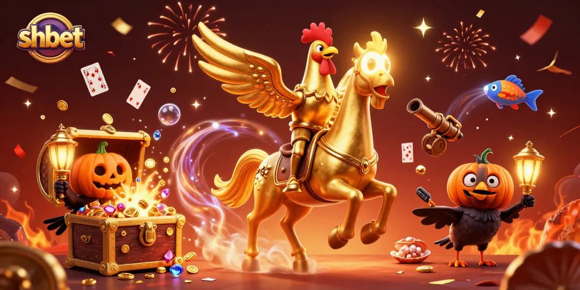 Immerse in the vibrant world of shbet with a golden rooster adventuring in a lively casino.