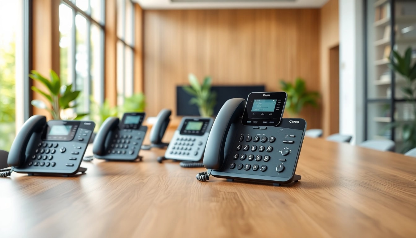 Showcase advanced business phone systems in a modern office setup, highlighting features and functionality.
