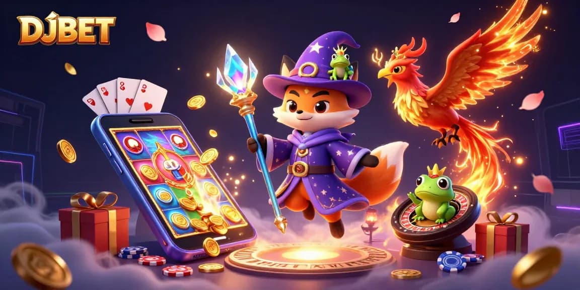 DJBET offers thrilling gaming with a mystical wizard fox, phoenix, and enchanted frog surrounded by vibrant casino elements.
