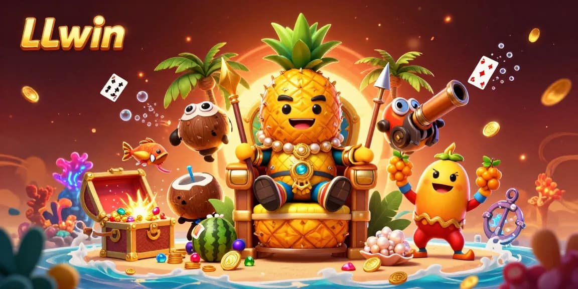 Experience LLwin's lively casino atmosphere with a golden pineapple king and tropical characters brimming with excitement.