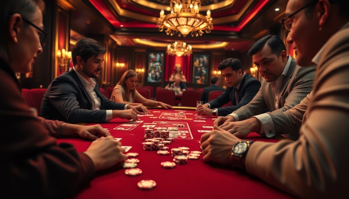 Slot deposit 5000 pada meja permainan kasino yang mewah dengan pemain poker yang terlibat.