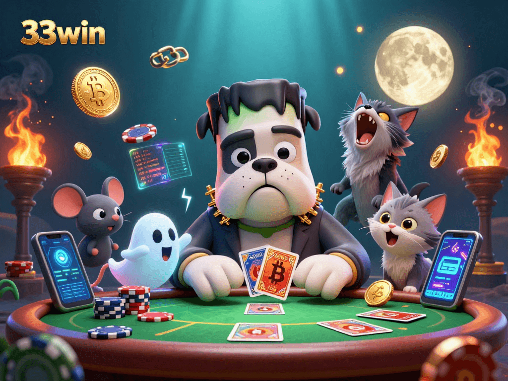 Join the thrilling 33win action with a spooky poker scene featuring vibrant characters and crypto elements.