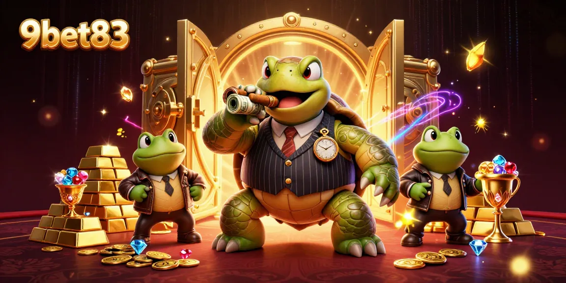 Experience the excitement of 9bet83 with our vibrant cartoon casino scene featuring unique characters and treasure.