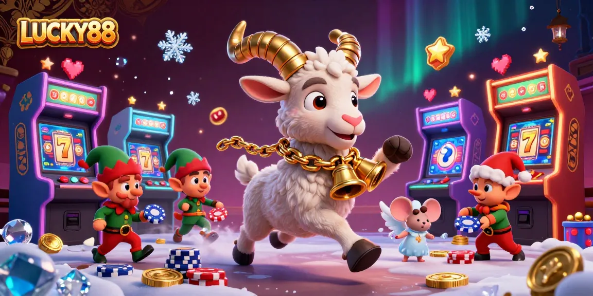 LUCKY88 invites players into an engaging casino scene featuring Krampus in chains, arcade machines, and elf gremlins.