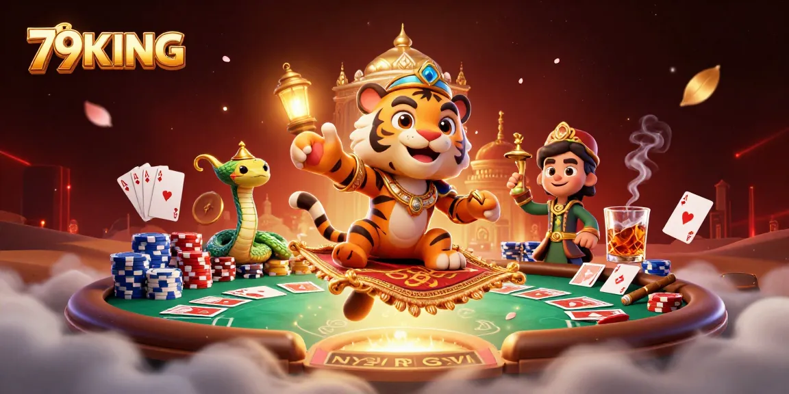 Experience excitement with 79KING at the poker table surrounded by vibrant casino elements.