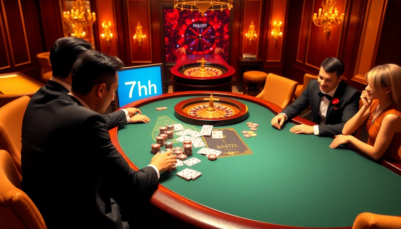 Engaging poker scene with players at a luxurious table showcasing the 7hh platform.