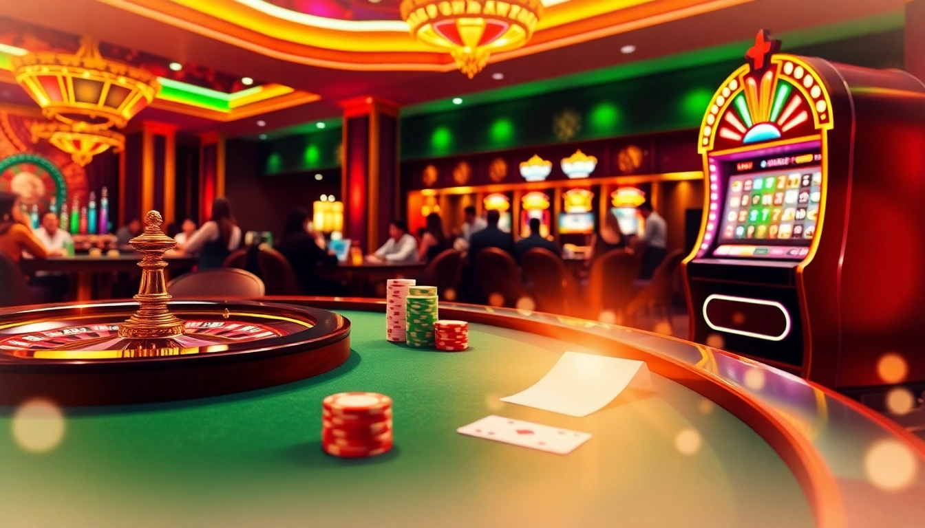 Experience the excitement of 99win thiên đường with engaging casino visuals showcasing poker tables and roulette wheels.