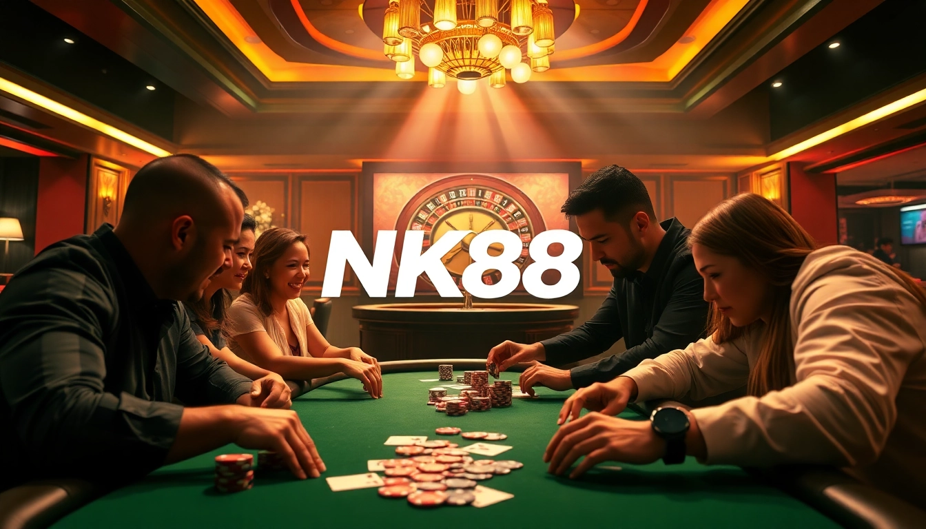Experience the thrill of high-stakes poker at NK88, complete with vibrant chips and exciting gameplay.
