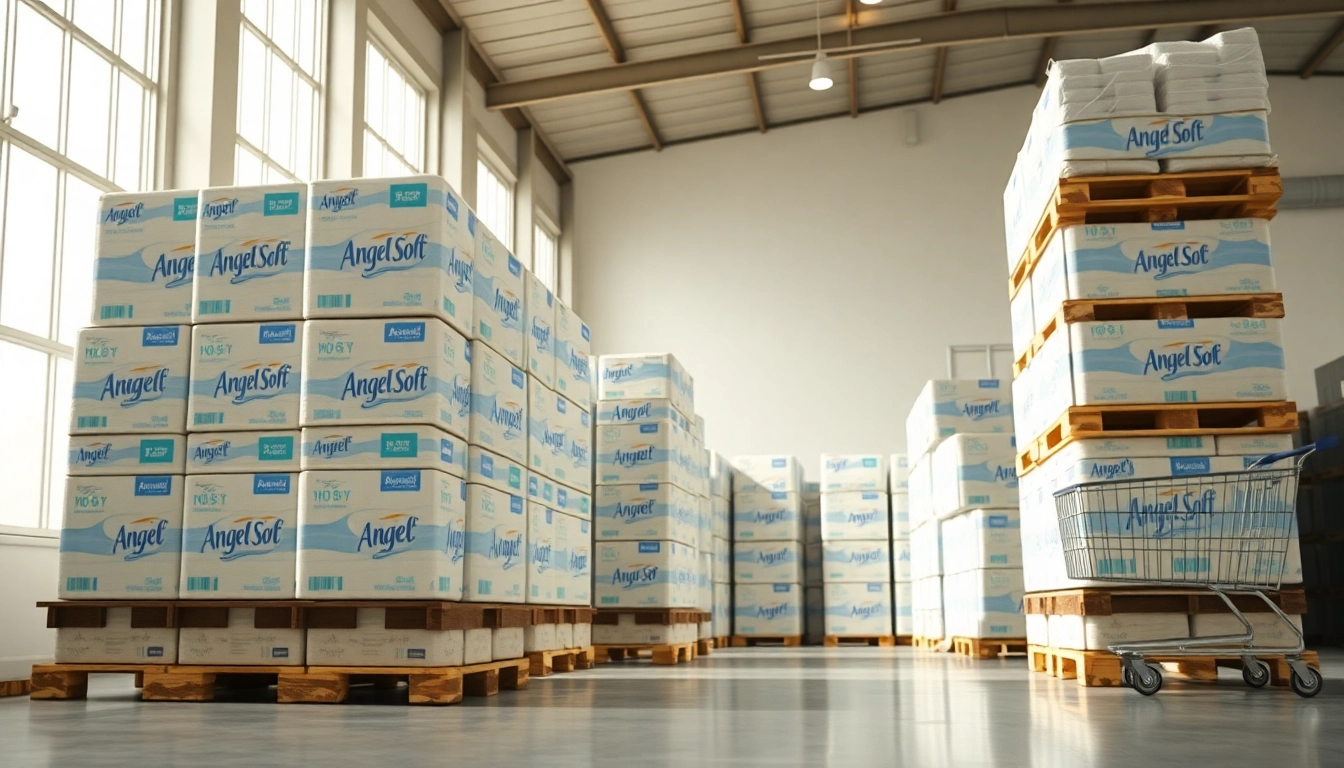 Highlighting Angel Soft Toilet Paper Pallets stacked in an organized warehouse environment.