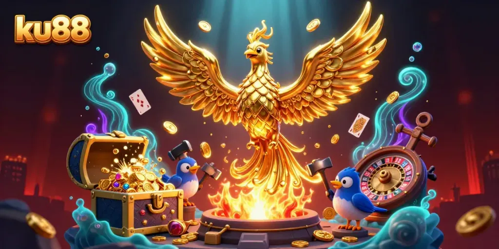 Experience thrilling gameplay at ku88 with a molten gold phoenix and dynamic casino elements.