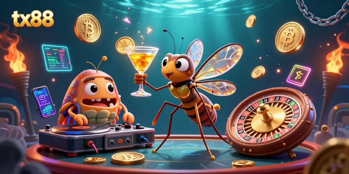 Engage with tx88's dynamic casino scene featuring 3D mascot and cryptocurrency elements.