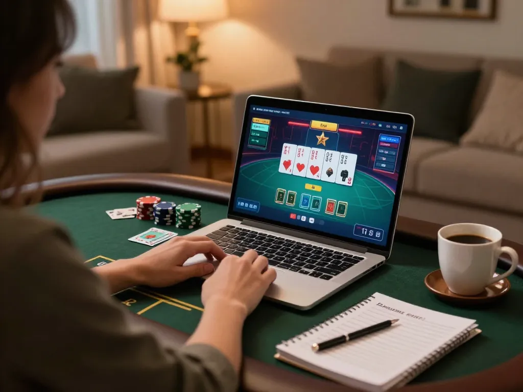 75W player strategizing with online poker game on laptop in a cozy home setup