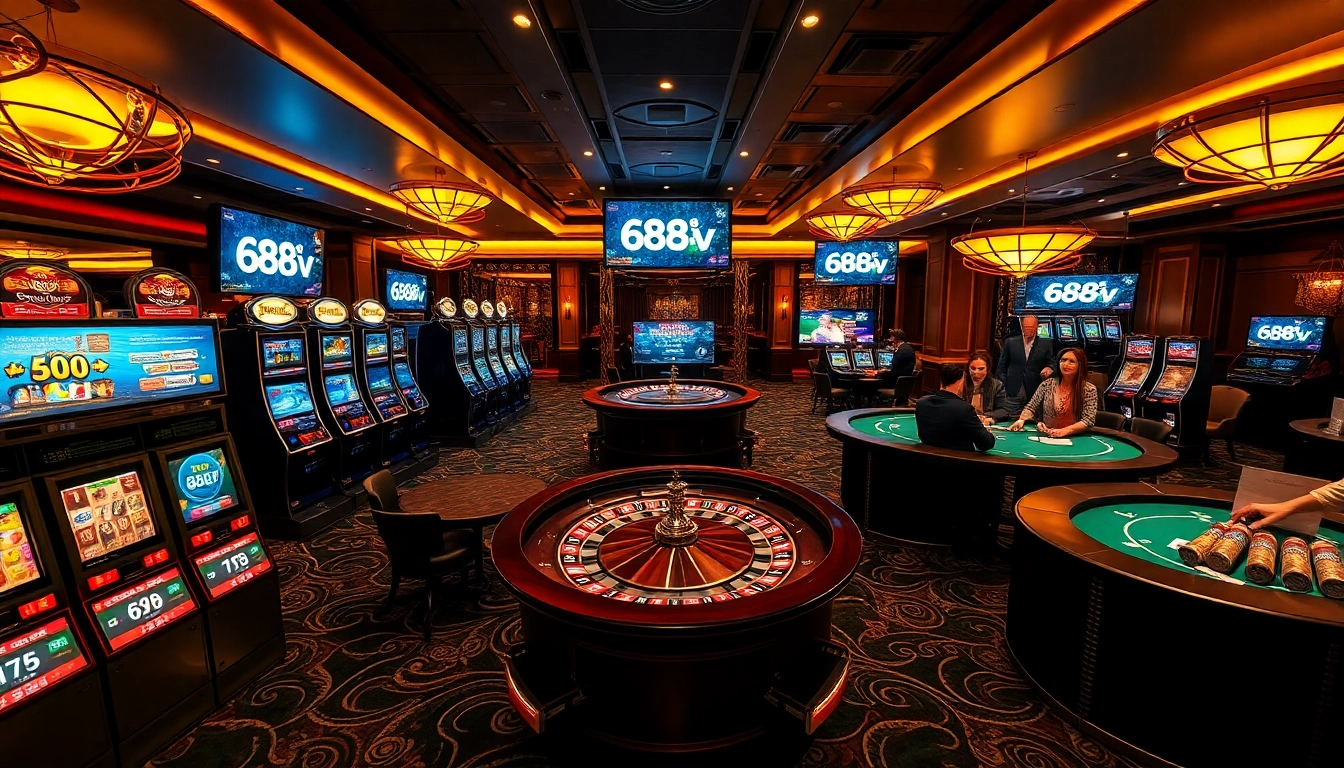 Engage with thrilling casino action at 688v featuring vibrant gaming tables and slot machines.