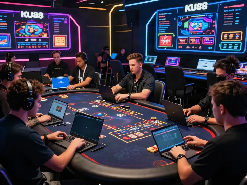 Engaged players enjoying live casino games on KU88's platform, showcasing a vibrant online gambling experience.