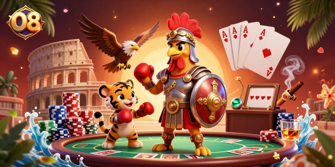 Engage with O8’s vibrant casino scene featuring a gladiator rooster and a tiger cub buddy.