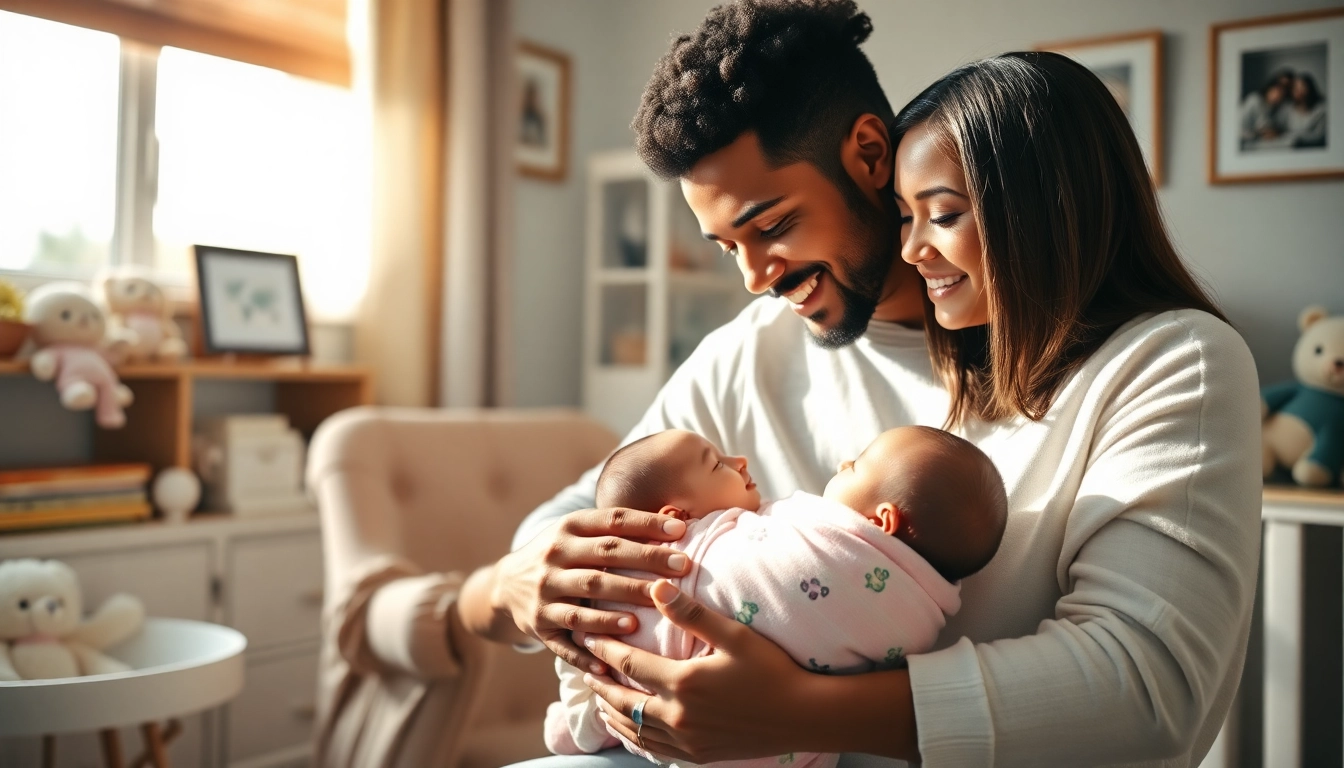 Family with new bornbaby sharing a warm moment in a cozy nursery, conveying love and connection.