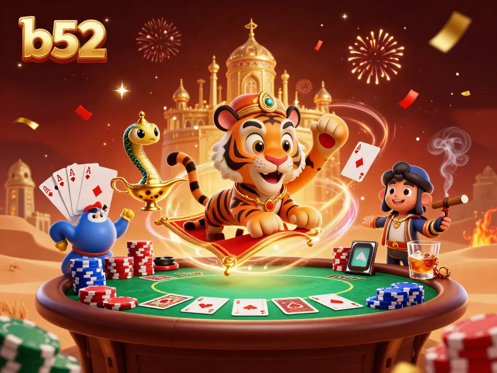 Experience the thrilling world of b52 with a vibrant gambling scene featuring a royal sultan and magical elements.