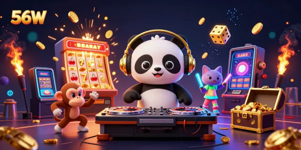 Experience the excitement of 56W with a vibrant party scene showcasing a DJ panda, breakdancing monkey, and a glow-stick kitten.