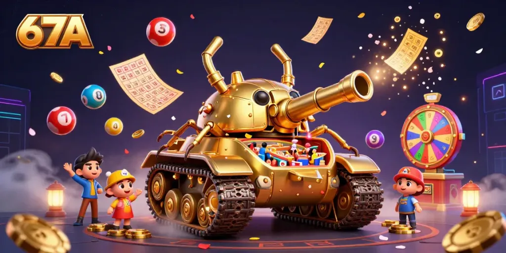 Experience the 67A jackpot with a 3D illustration of a miniature casino in a tank, filled with lively lottery elements.