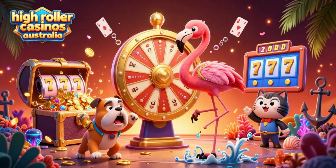 Engage in high roller casinos Australia with vibrant 3D gaming characters celebrating winnings amid gold coins and treasures.