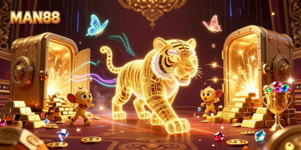 Experience the excitement at MAN88 with a dynamic digital casino landscape featuring a glowing tiger and treasures.
