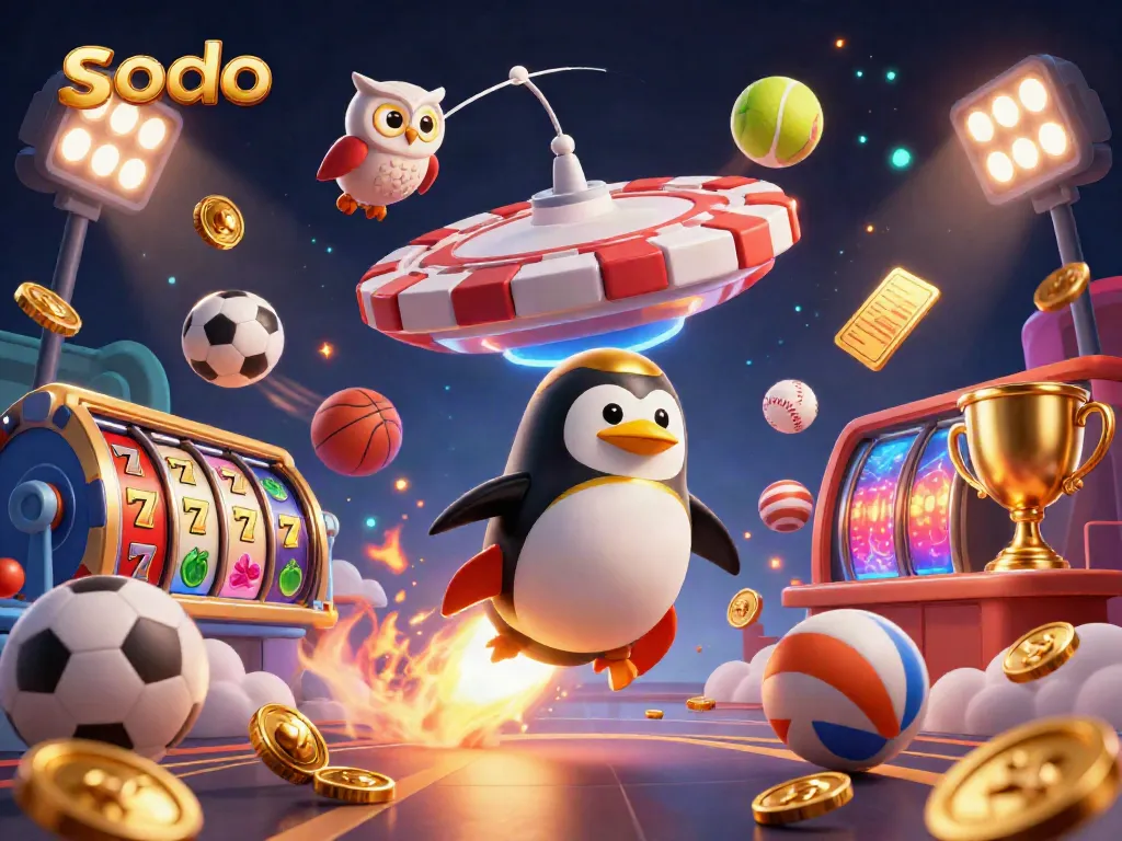 Sodo penguin racing toward a giant poker chip casino in a vibrant 3D space scene.