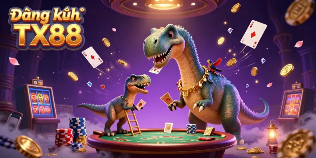 Engage with Đăng ký TX88 through a vibrant casino scene featuring unique characters and rich gaming elements.