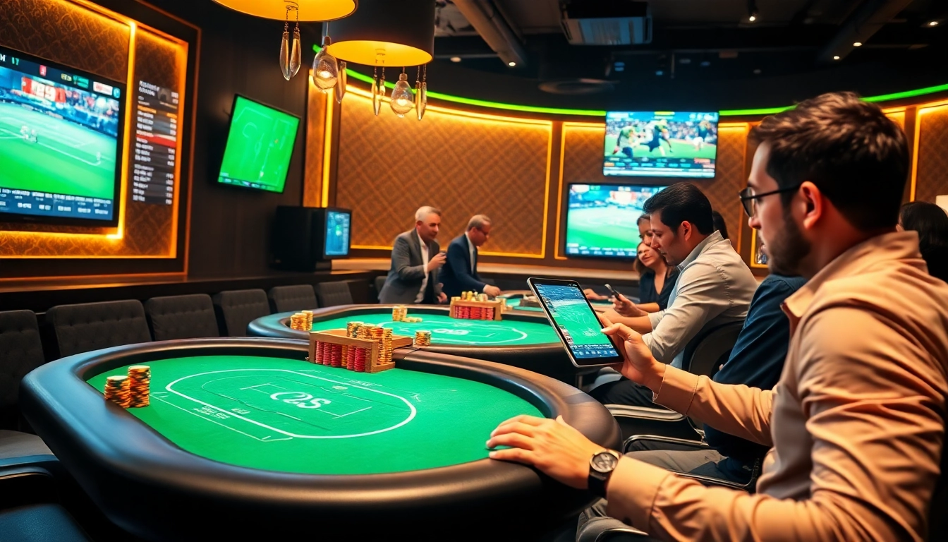 A betting lounge showcasing effortless apostas esportivas Brasil with vibrant tables and enthusiastic bettors.