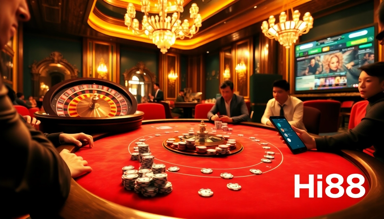Exciting gambling scene showcasing Hi88 poker table with vibrant chips and cards.