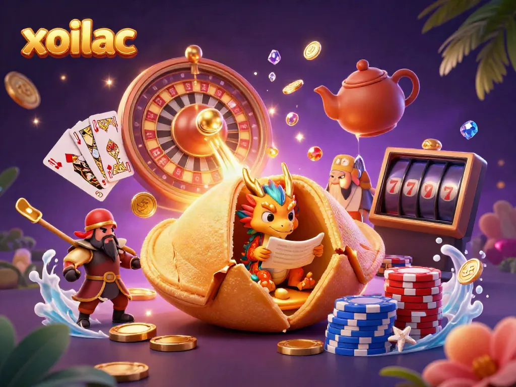 Xoilac reveals fortunes with a wise dragon in a sparkling casino scene filled with dynamic gold.