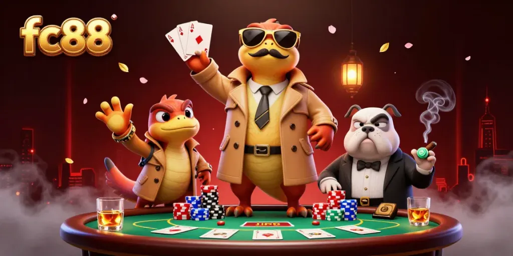 Three raptors in a trench coat entering a VIP casino lounge for fc88, surrounded by poker elements.