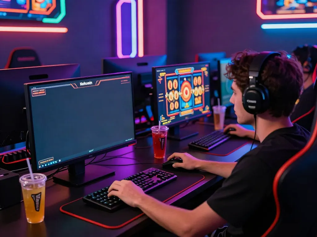 Nohuwin gaming scene showcasing a player enjoying immersive slot gameplay with vibrant neon lights.