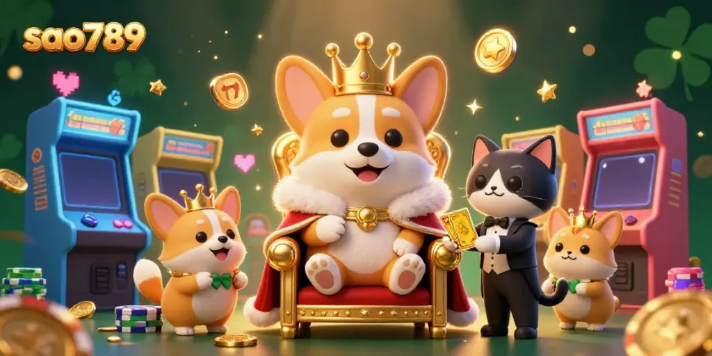 Sao789 brings excitement with a royal corgi on poker chips surrounded by colorful gaming elements, showcasing a vibrant casino scene.
